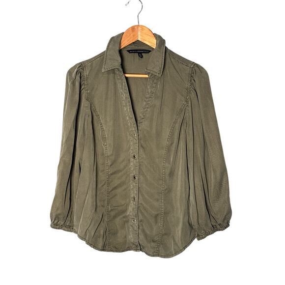 WHBM Olive Lyocell Puff Sleeve Blouse 12 - Picture 1 of 5